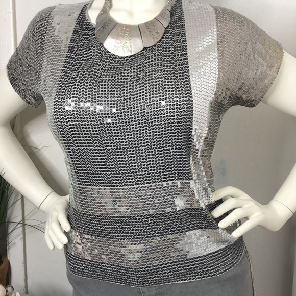 Michael Kors Silver Sequin Viscose Loose Flowy Dressy‎ Tee T-Shirt Top Blouse S - Picture 5 of 14